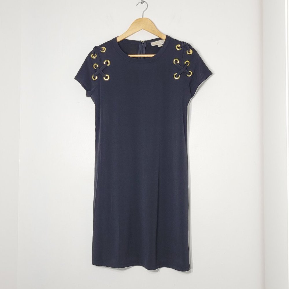 Michael Kors Black Cap Sleeve Faux Lace Up Detail Cocktail Midi Dress Size Small